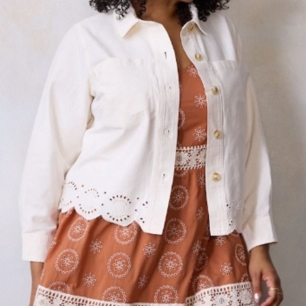 LC Lauren Conrad/ Trucker Jacket /100% cotton /eyelet hem/ plus size/ivory color - Picture 2 of 13